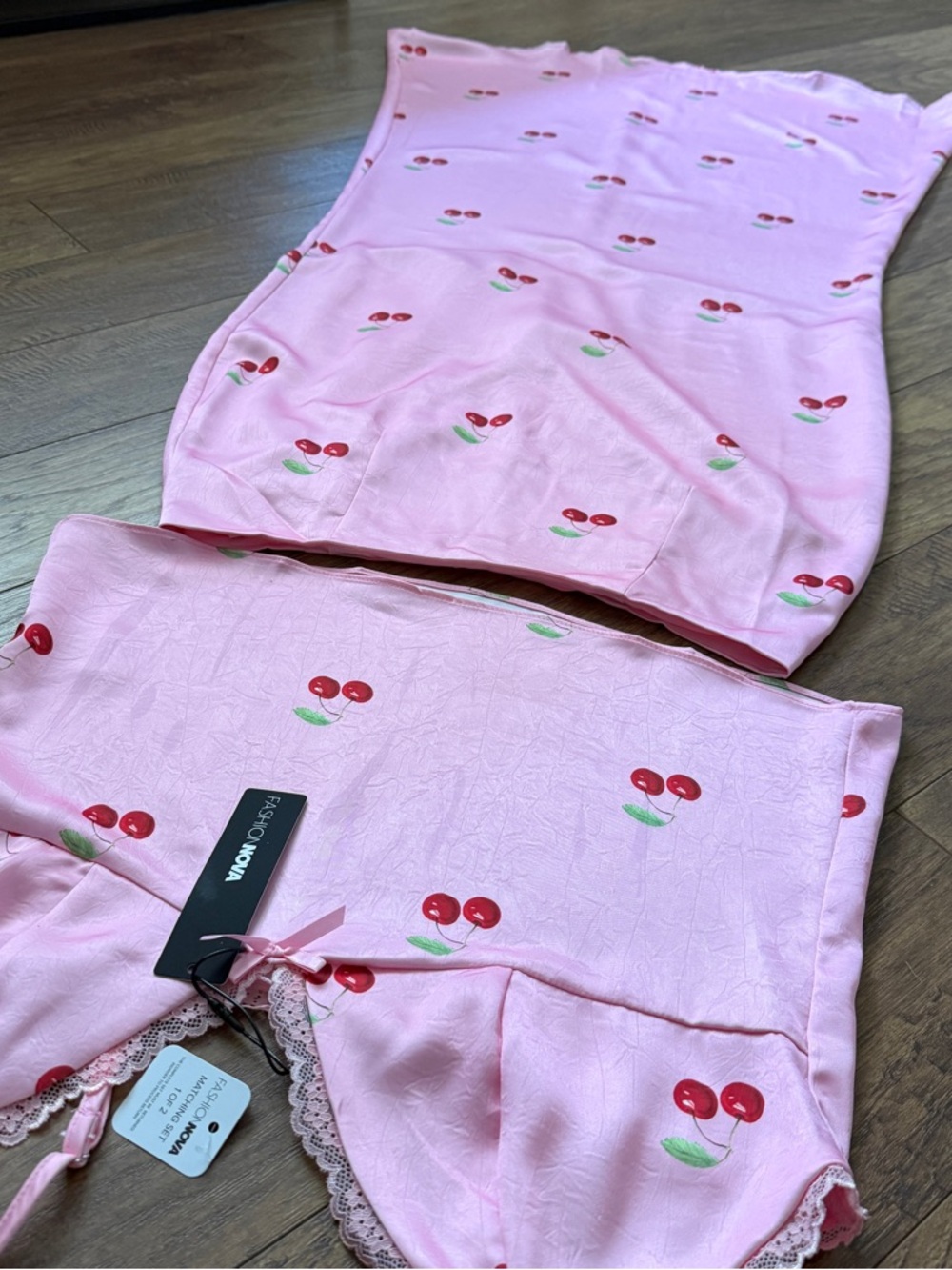 Fashion Nova Pink Cherry Pajama Set L Lace Trim Lounge Sleepwear Set